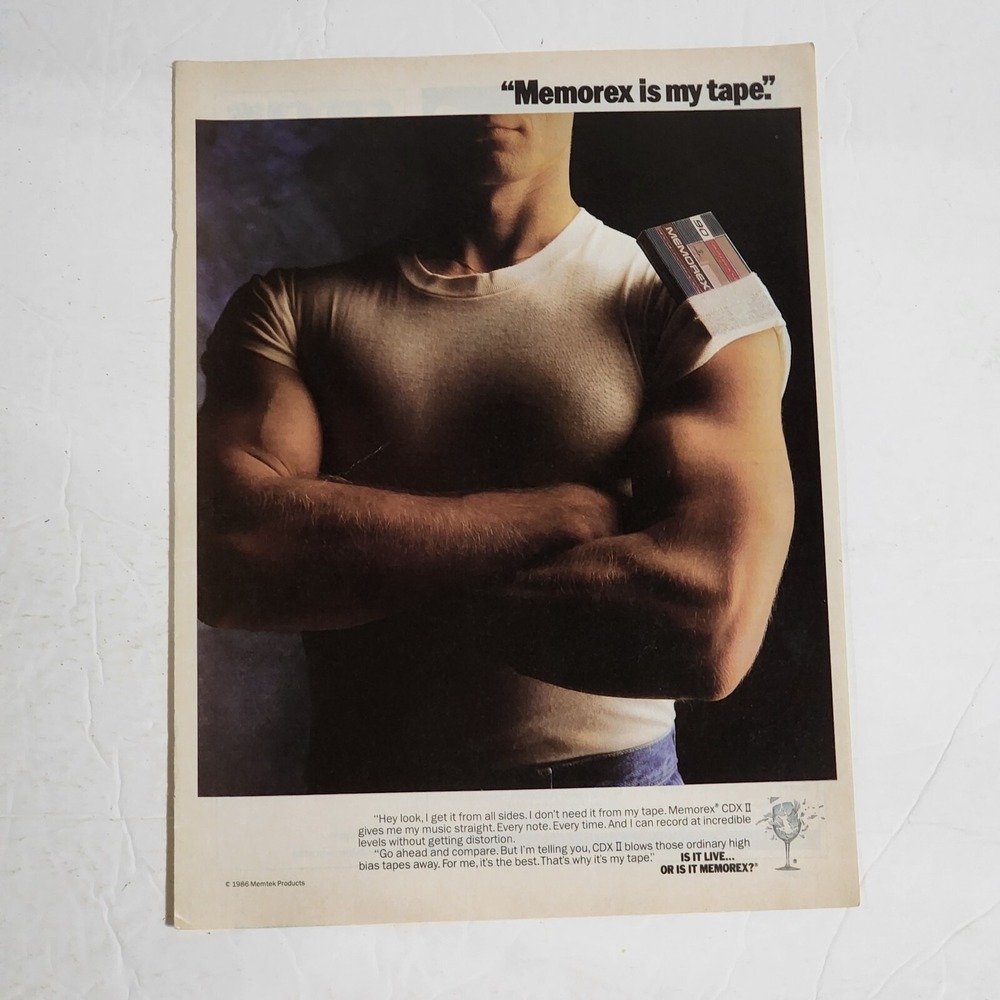 Vintage Print Ad MEMOREX muscular man in white t-shirt clipping 1988 8x10